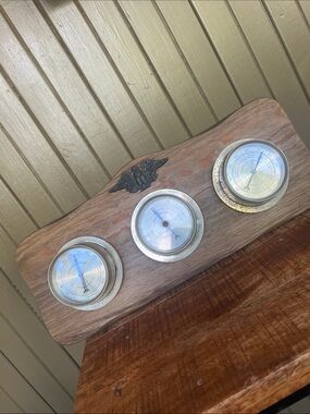 Springfield triple dial weather station Brass Eagle Wood Mount Vintage